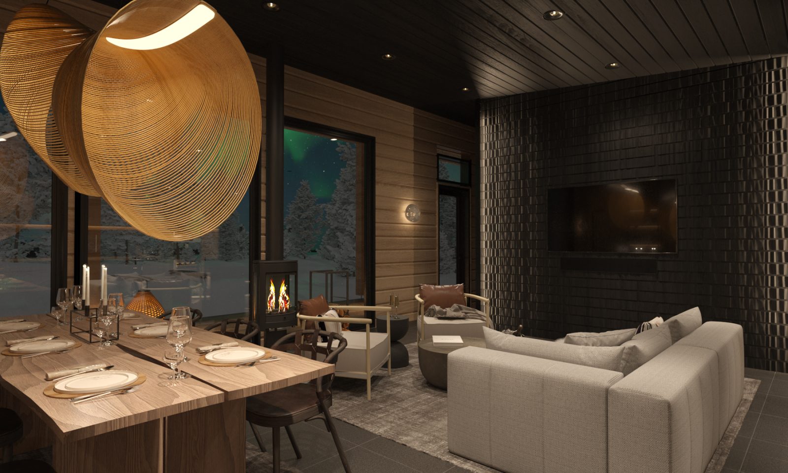 Beautiful lounge of the new villas in the middle of the arctic forest to guarantee the privacy for the guests.