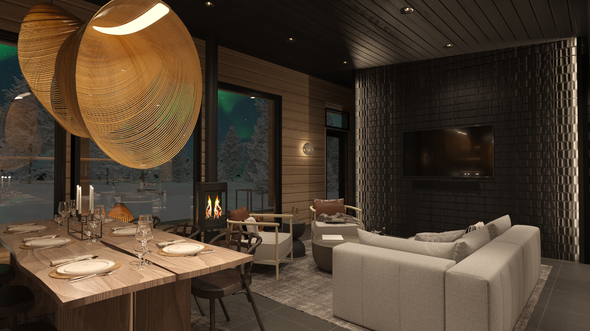 Beautiful lounge of the new villas in the middle of the arctic forest to guarantee the privacy for the guests.
