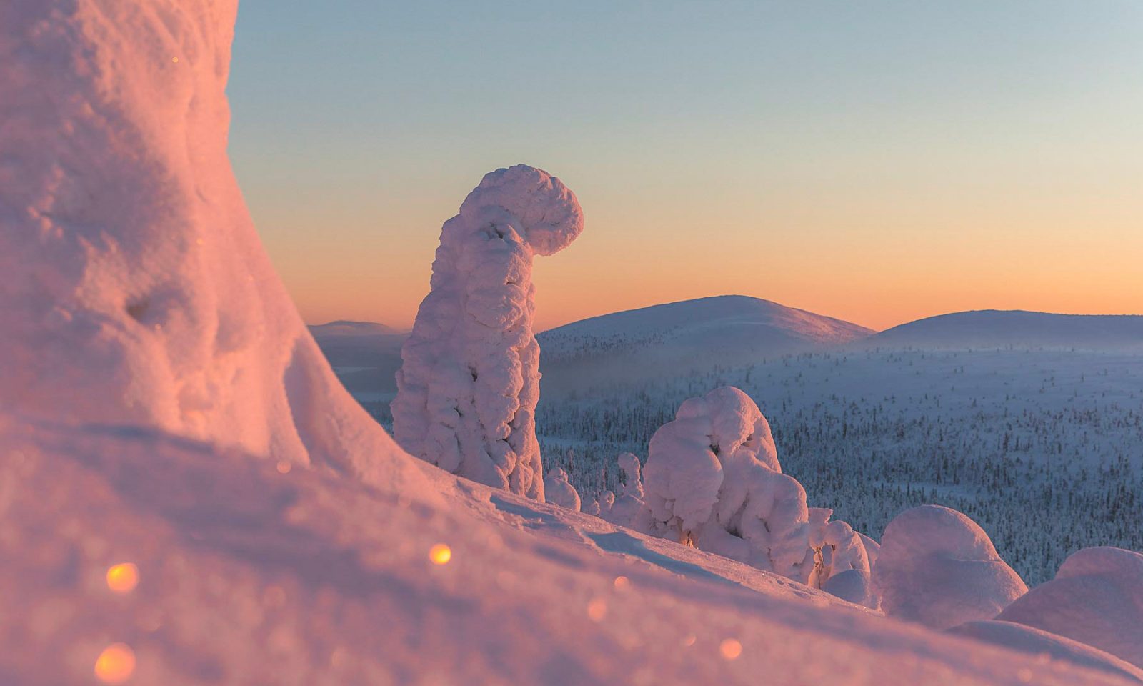 Beautiful snowy arctic scenery during sunset. | Lapland Luxury