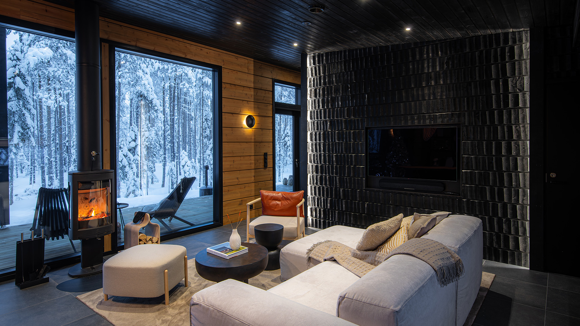 Elegant and cozy living room in Hidden Arctic Cloud -villa. | Lapland Luxury